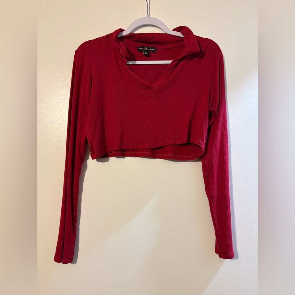 PrettyLittleThing Red Ribbed Long Sleeve Crop Top